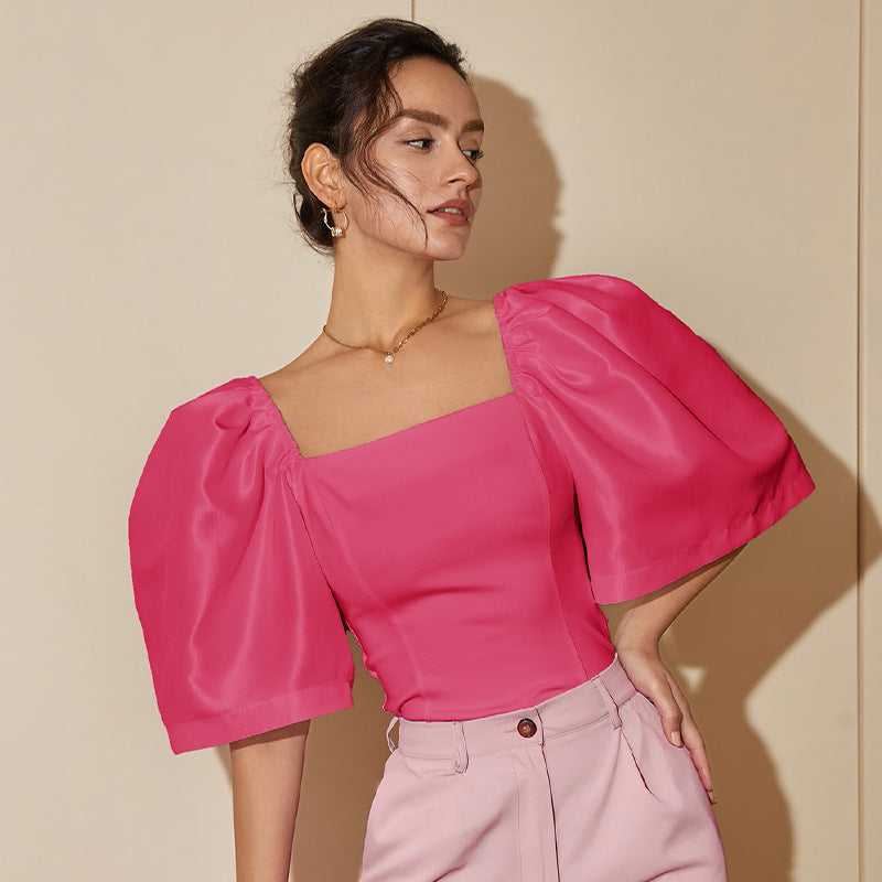 Women’s Retro Lantern Sleeve Square Collar Elegant Top - Pink / XS