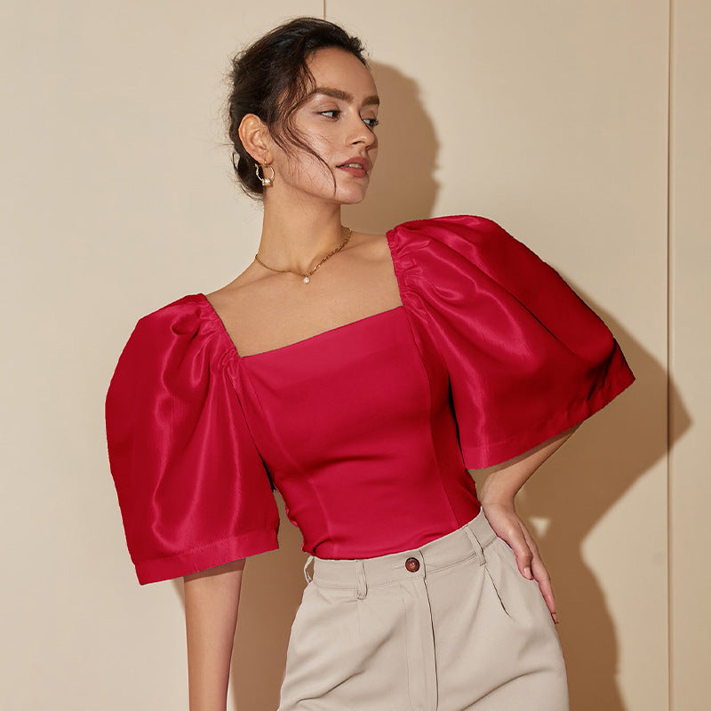 Women’s Retro Lantern Sleeve Square Collar Elegant Top - Rose Red / XS