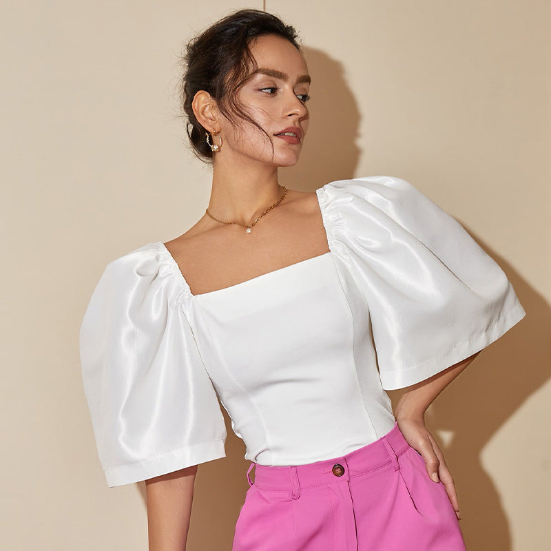 Women’s Retro Lantern Sleeve Square Collar Elegant Top - White / XS