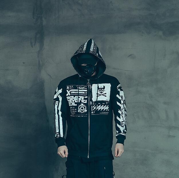 Punk Two-dimensional Sweater Hooded Tide Cool Ins Fried Street Coat Function - Black / M