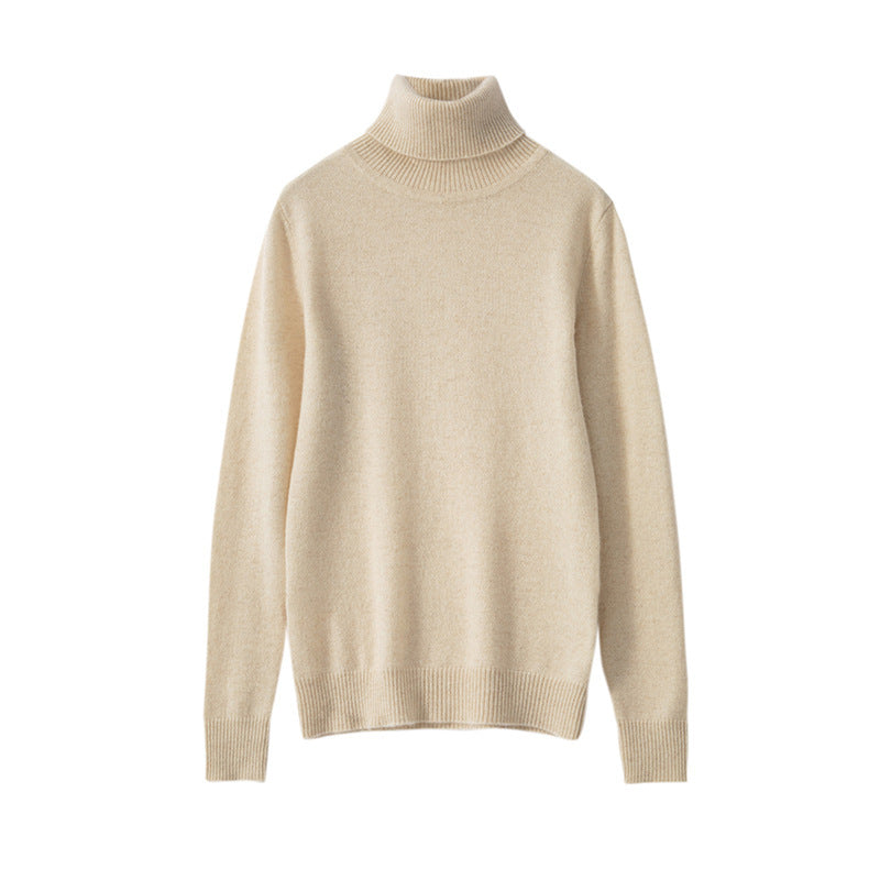 Pure Cashmere Sweater Women High Neck Knitted Bottoming Shirt - Beige / S