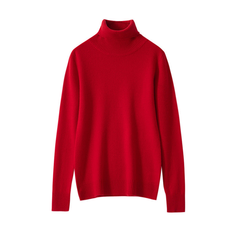 Pure Cashmere Sweater Women High Neck Knitted Bottoming Shirt - Big red / S