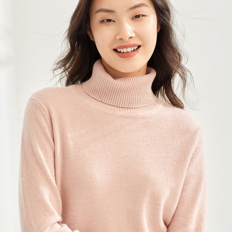 Pure Cashmere Sweater Women High Neck Knitted Bottoming Shirt - Dark pink / S