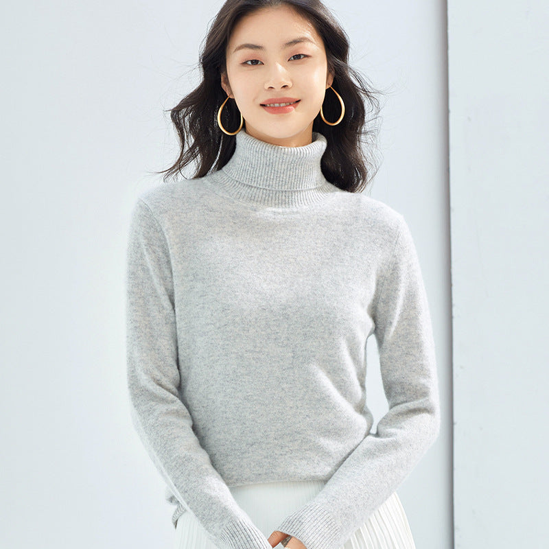 Pure Cashmere Sweater Women High Neck Knitted Bottoming Shirt - Grey / S