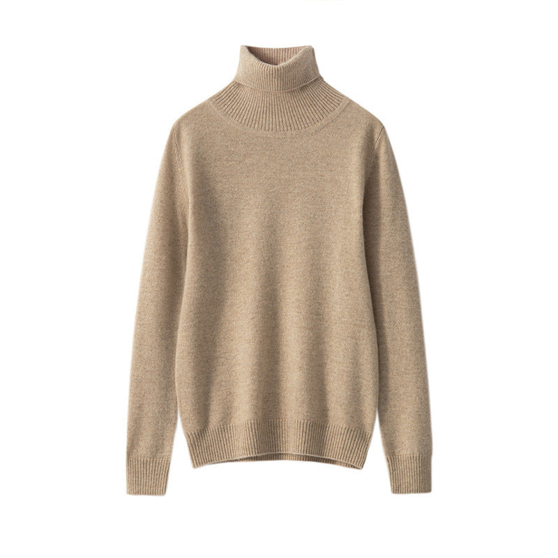 Pure Cashmere Sweater Women High Neck Knitted Bottoming Shirt - Light camel / S