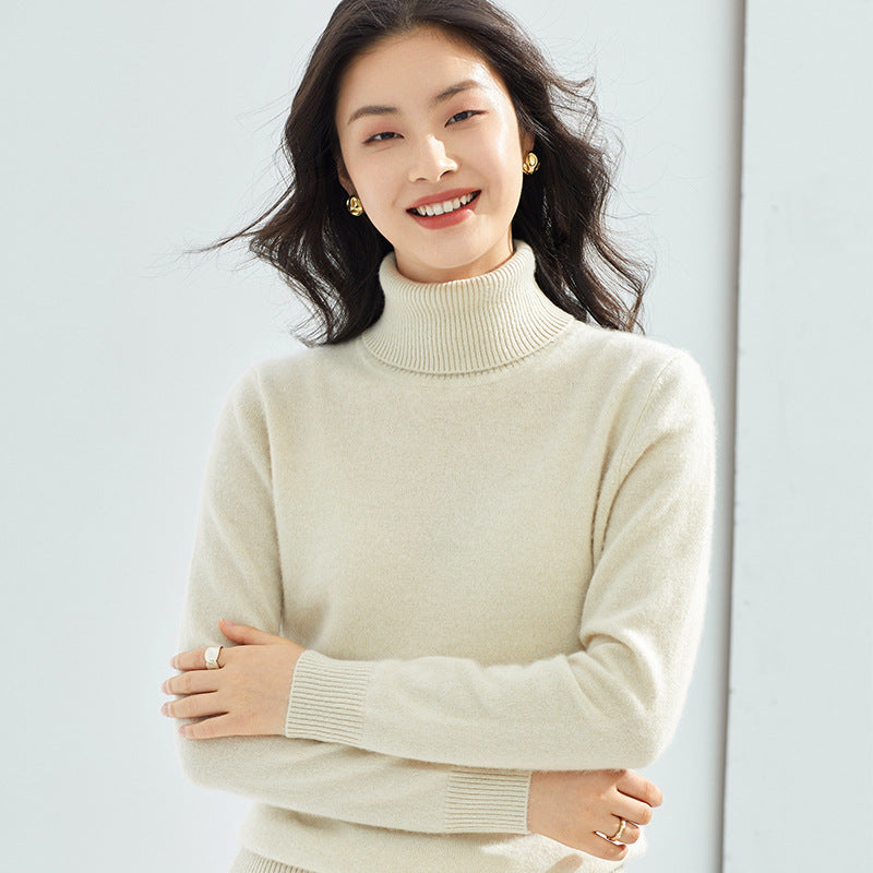 Pure Cashmere Sweater Women High Neck Knitted Bottoming Shirt - White / S