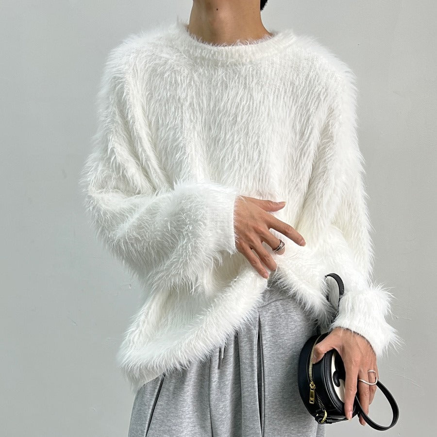 Pure Color All-matching Round Neck Pullover Thickened Mink Sweater Men - White / S
