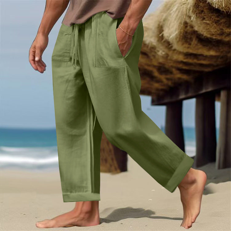 Men’s Linen Pure Color Comfort Breathable Casual Pants - Army Green / S