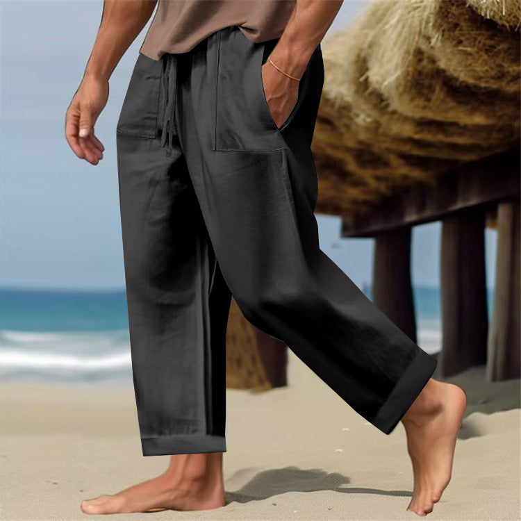 Men’s Linen Pure Color Comfort Breathable Casual Pants - Black / S