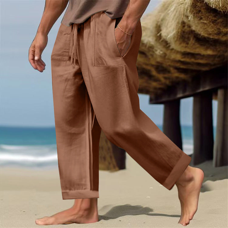 Men’s Linen Pure Color Comfort Breathable Casual Pants - Dark Brown / S