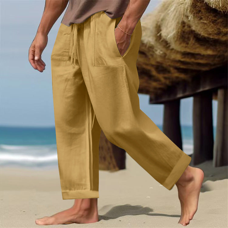 Men’s Linen Pure Color Comfort Breathable Casual Pants - Ginger Yellow / S