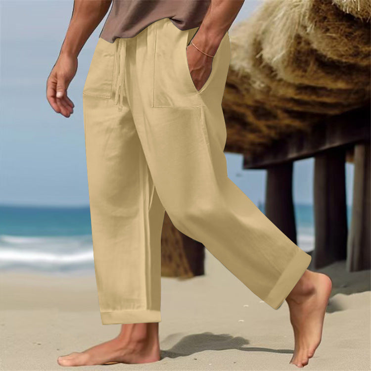 Men’s Linen Pure Color Comfort Breathable Casual Pants - Khaki / S