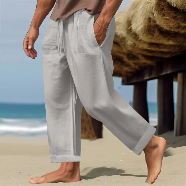 Men’s Linen Pure Color Comfort Breathable Casual Pants - Light Gray / S