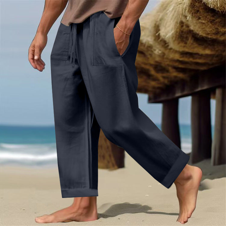 Men’s Linen Pure Color Comfort Breathable Casual Pants - Navy Blue / S