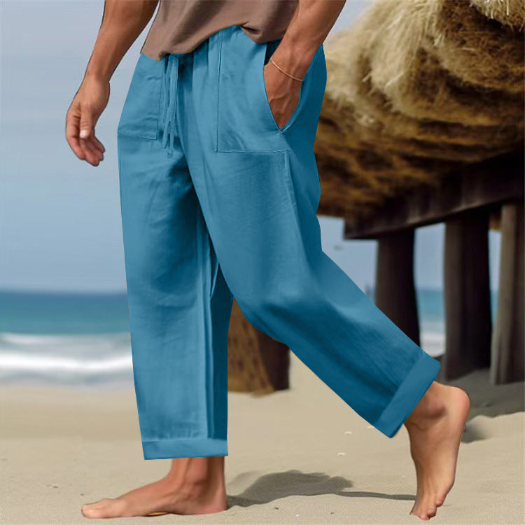 Men’s Linen Pure Color Comfort Breathable Casual Pants - Peacock Blue / S