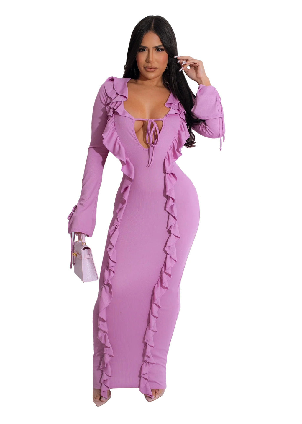 Pure Color Tied Stringy Selvedge Dress - Violet / S