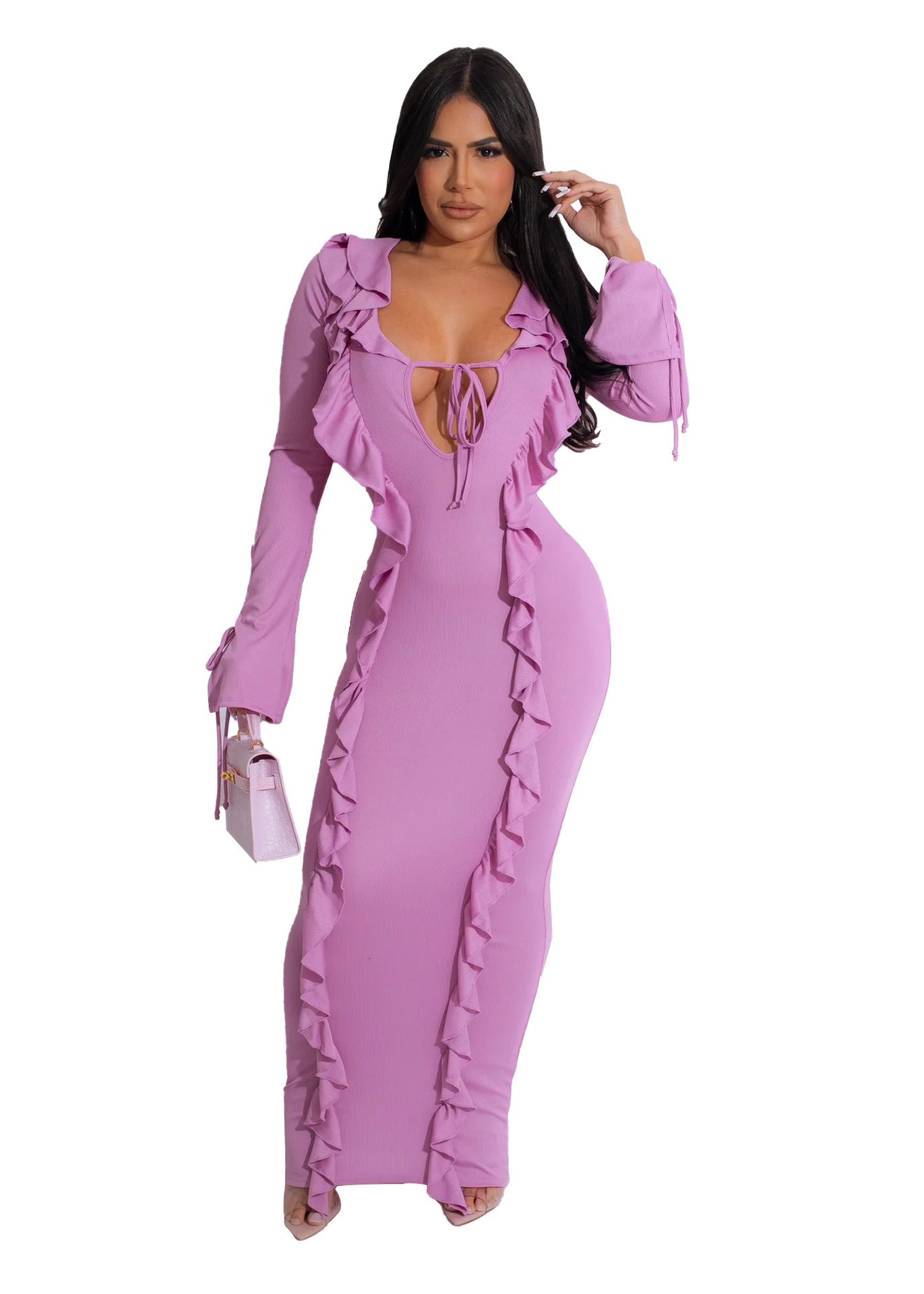 Pure Color Tied Stringy Selvedge Dress - Violet / S