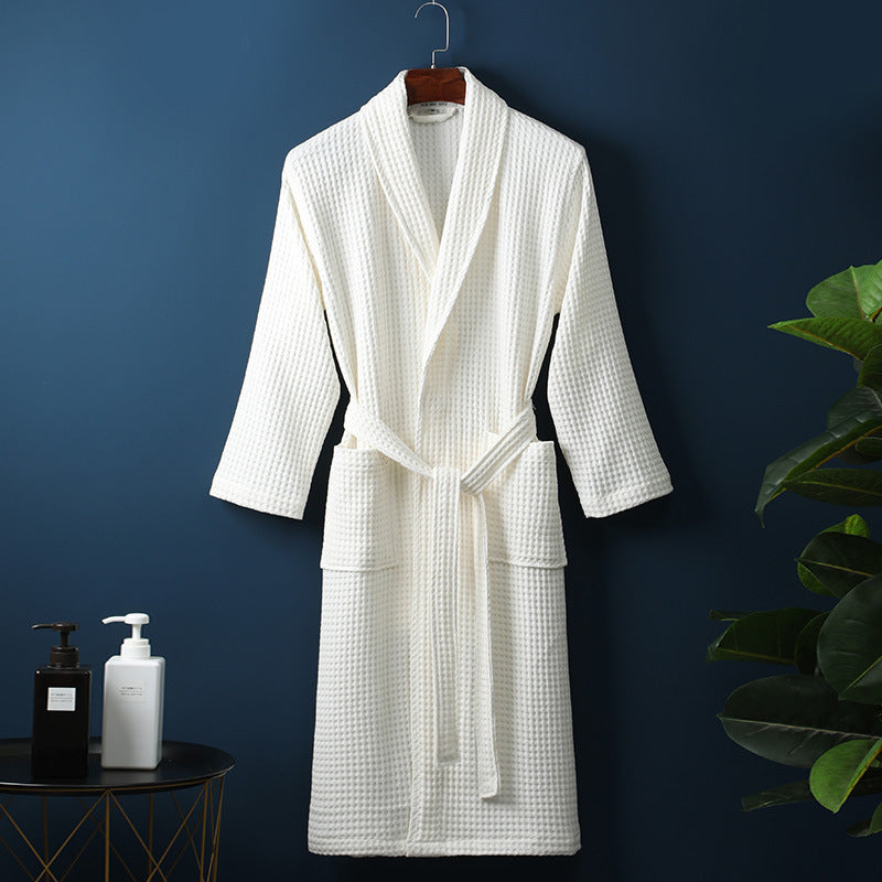 Pure Cotton Bathrobe Long Waffle All Cotton Nightgown - Beige / M
