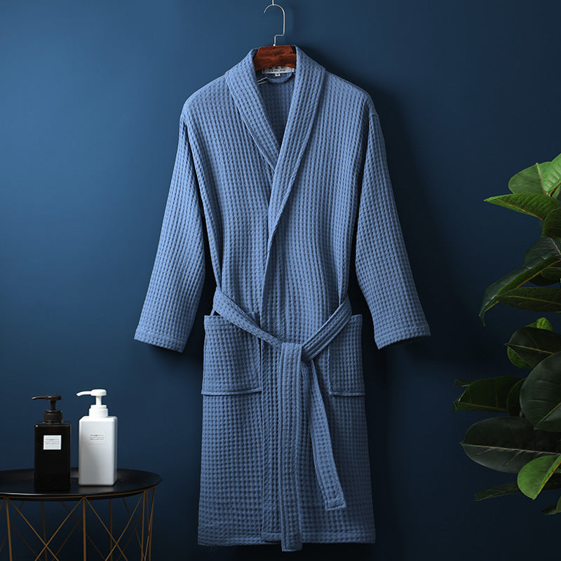 Pure Cotton Bathrobe Long Waffle All Cotton Nightgown - Blue / M