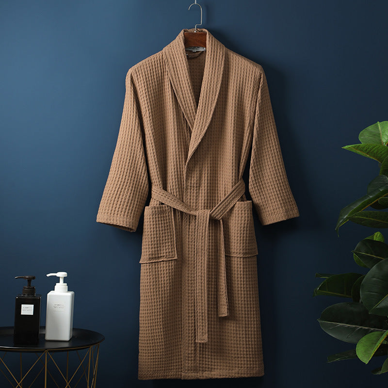Pure Cotton Bathrobe Long Waffle All Cotton Nightgown - Dark Coffee Color / M