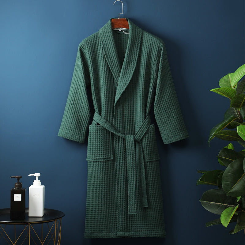 Pure Cotton Bathrobe Long Waffle All Cotton Nightgown - Dark Green / M
