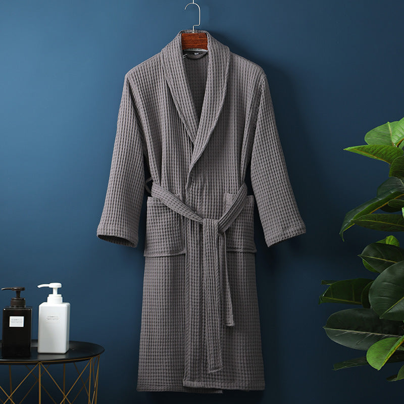 Pure Cotton Bathrobe Long Waffle All Cotton Nightgown - Gray / M