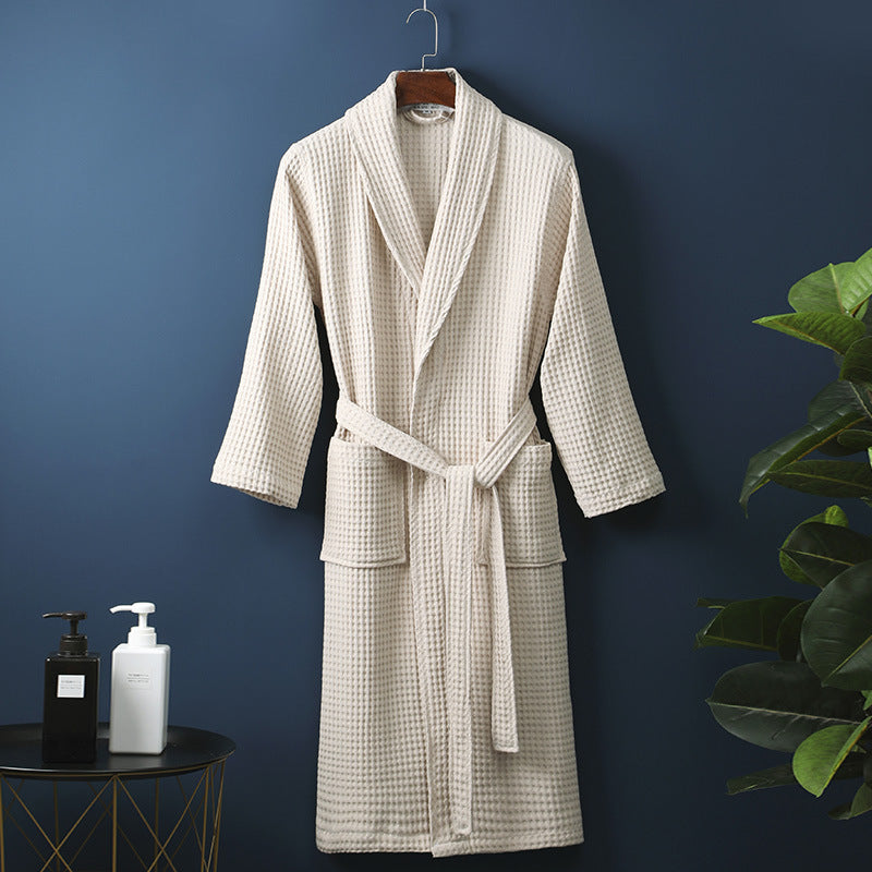 Pure Cotton Bathrobe Long Waffle All Cotton Nightgown - Light Brown Colors / M