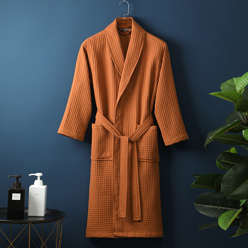 Pure Cotton Bathrobe Long Waffle All Cotton Nightgown - Orange / M
