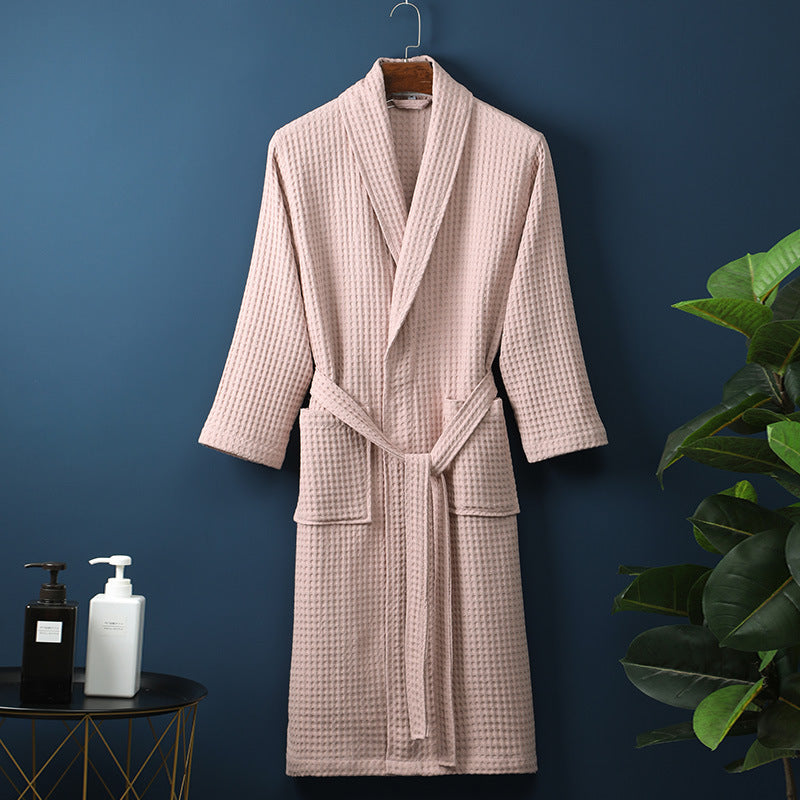 Pure Cotton Bathrobe Long Waffle All Cotton Nightgown - Pink / M