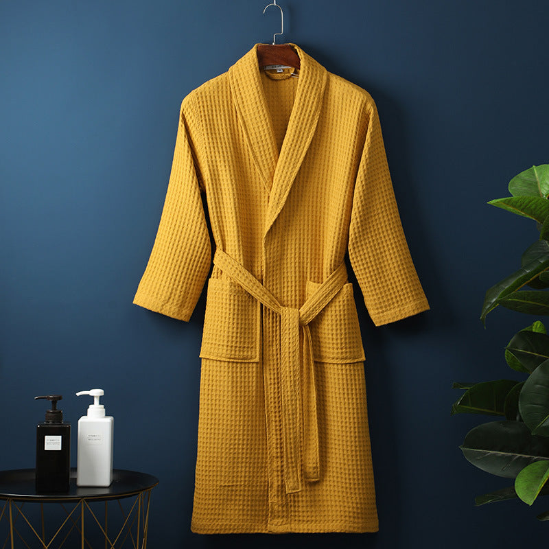 Pure Cotton Bathrobe Long Waffle All Cotton Nightgown - Yellow / M