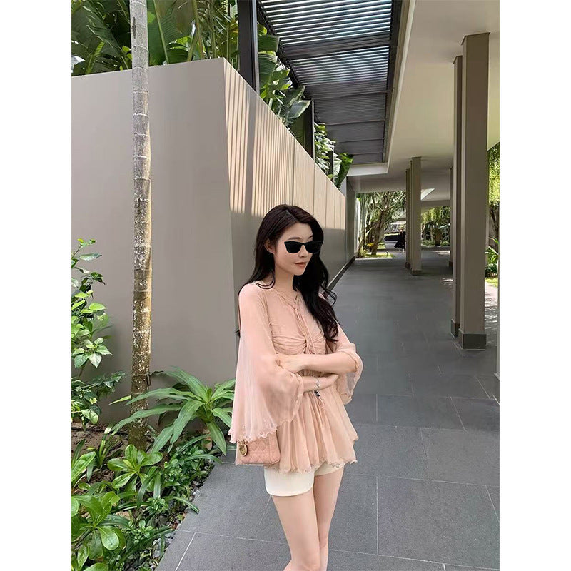 Pure Desire Style Chiffon Shirt Women’s High-grade Ruffle Sleeve Mesh