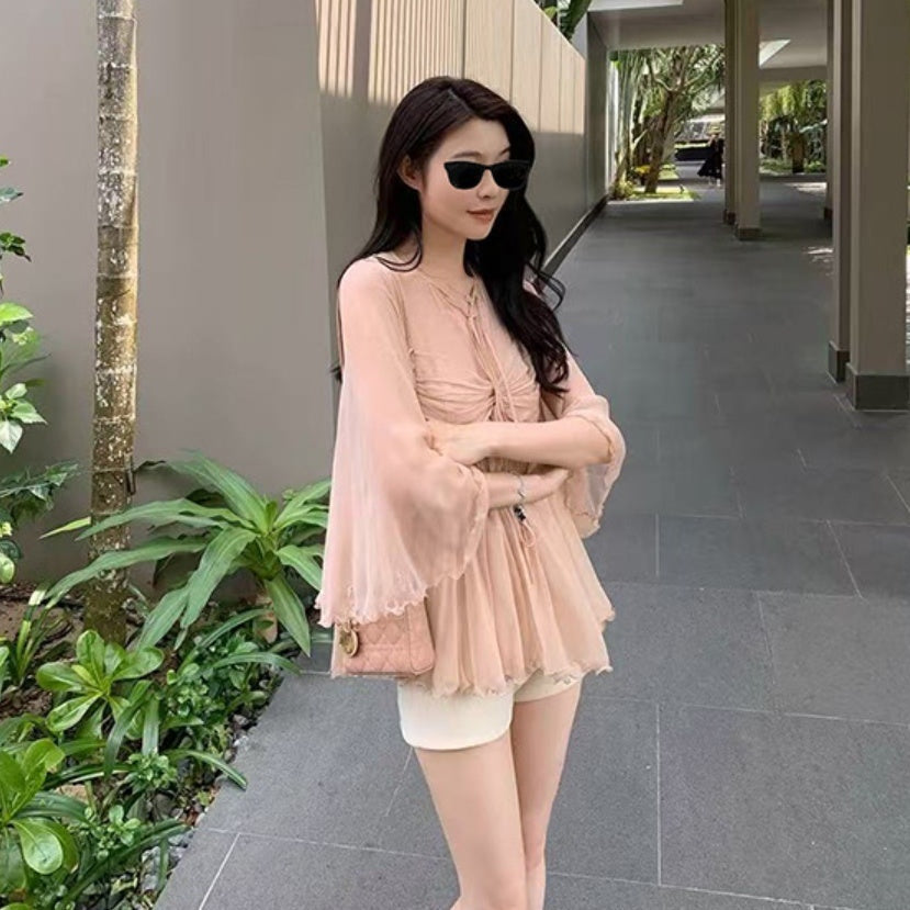 Pure Desire Style Chiffon Shirt Women’s High-grade Ruffle Sleeve Mesh