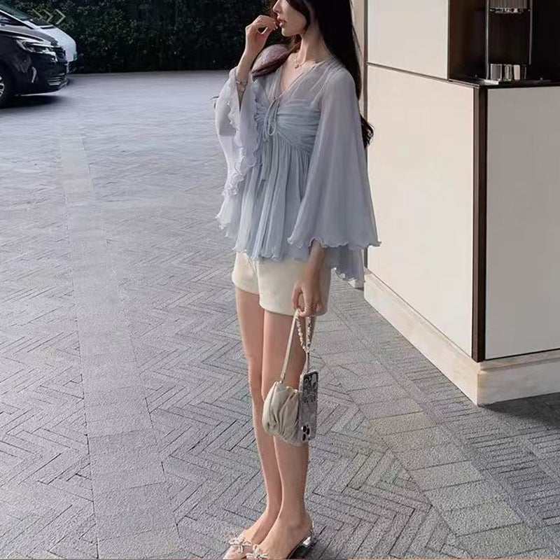Pure Desire Style Chiffon Shirt Women’s High-grade Ruffle Sleeve Mesh - Blue / S