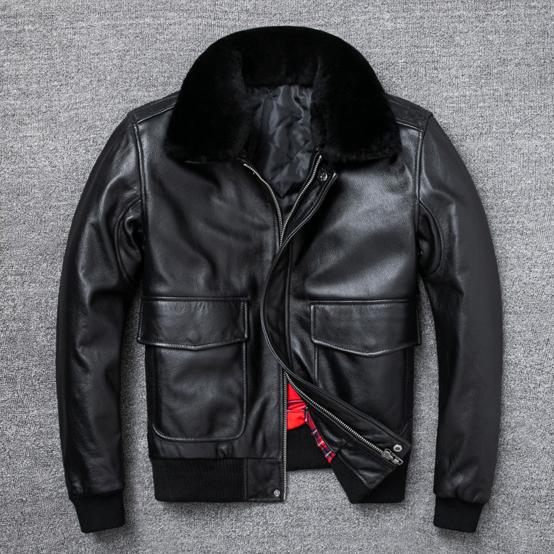 Pure First Layer Cowhide Leather Plus Cotton Flight Suit - Black / S
