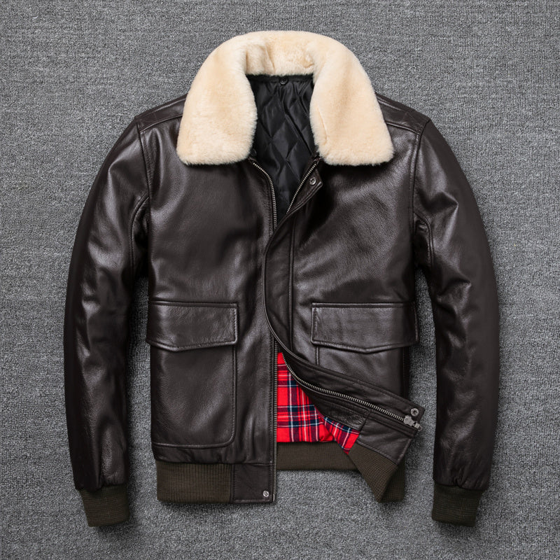 Pure First Layer Cowhide Leather Plus Cotton Flight Suit - Brown / S