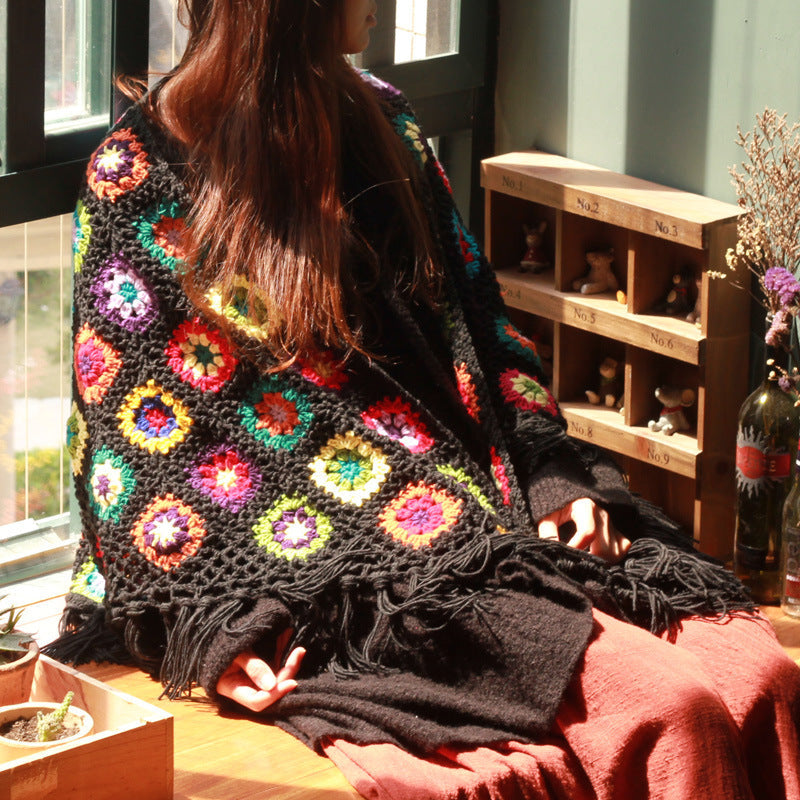 Pure Handmade Retro Mori Women’s Literary Fan Wool Scarf Shawl - Black / 175x85cm