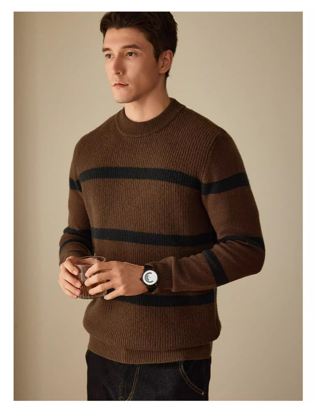 Pure Wool Men’s Casual Striped Contrast Color Warm Sweater
