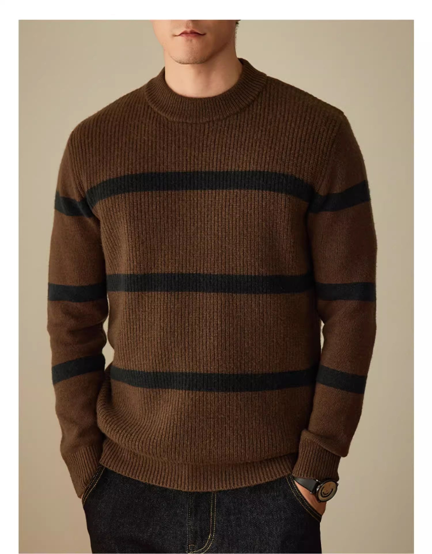 Pure Wool Men’s Casual Striped Contrast Color Warm Sweater