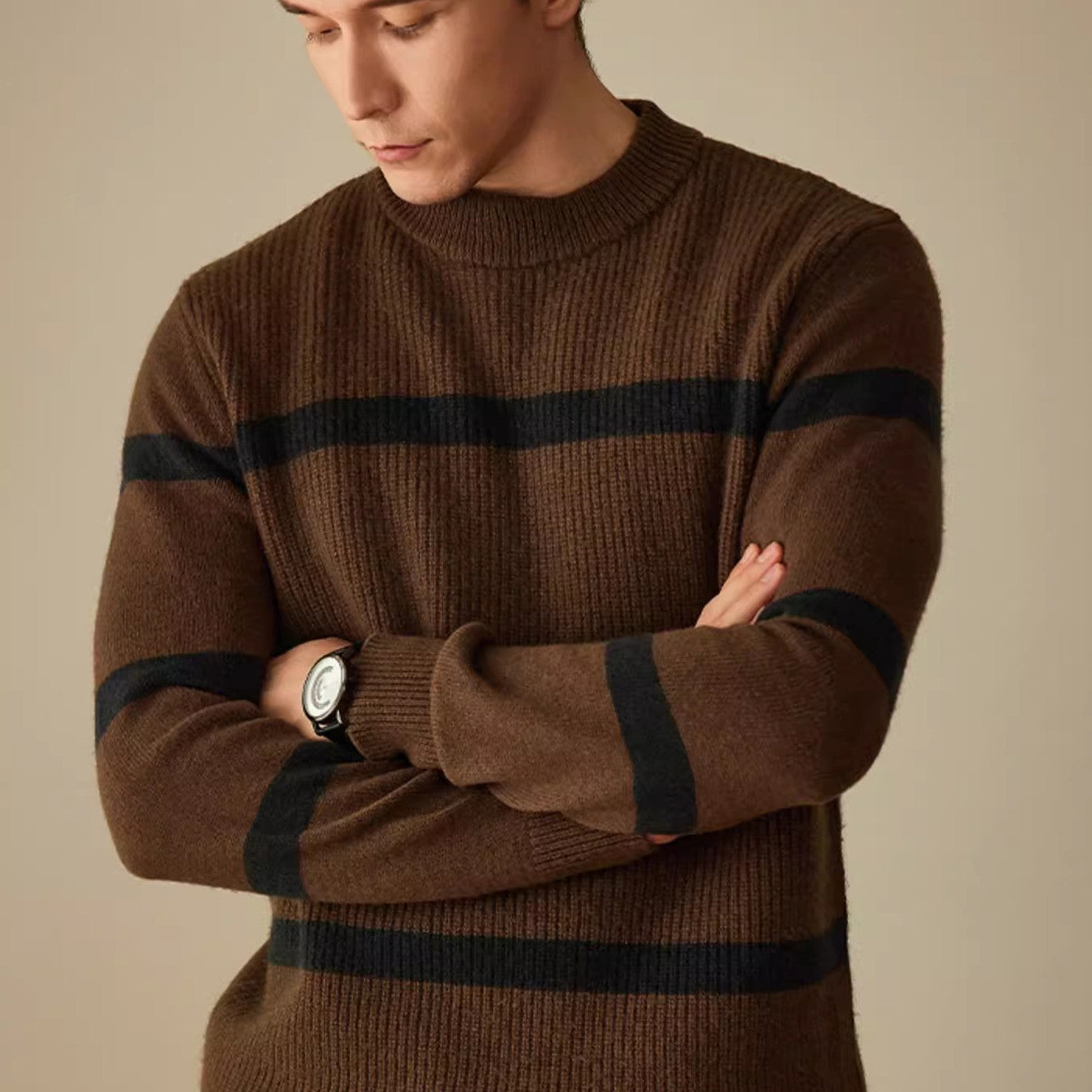 Pure Wool Men’s Casual Striped Contrast Color Warm Sweater