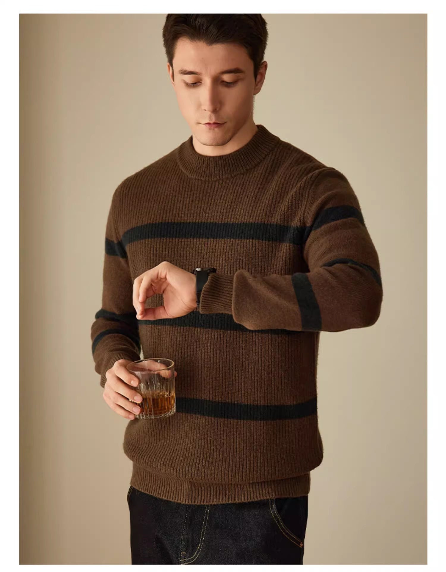 Pure Wool Men’s Casual Striped Contrast Color Warm Sweater