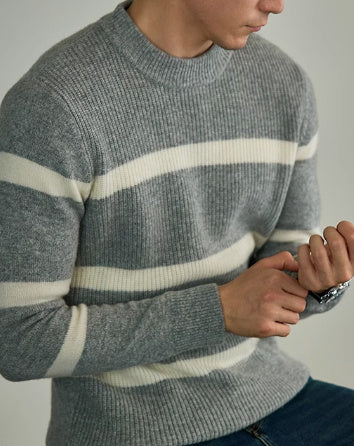 Pure Wool Men’s Casual Striped Contrast Color Warm Sweater - Light grey / 48