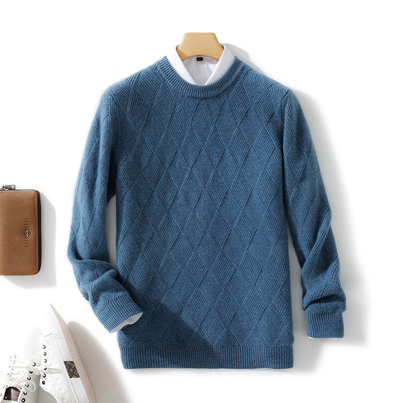 Pure Wool Sweater Men’s Loose Round Neck Sweater Casual Thickening Knitted Bottoming Shirt - Peacock Blue / S