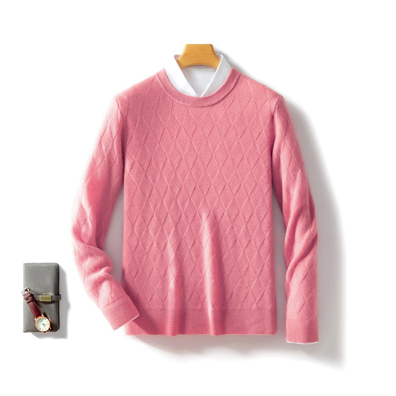 Pure Wool Sweater Men’s Loose Round Neck Sweater Casual Thickening Knitted Bottoming Shirt - Pretty Pink / S