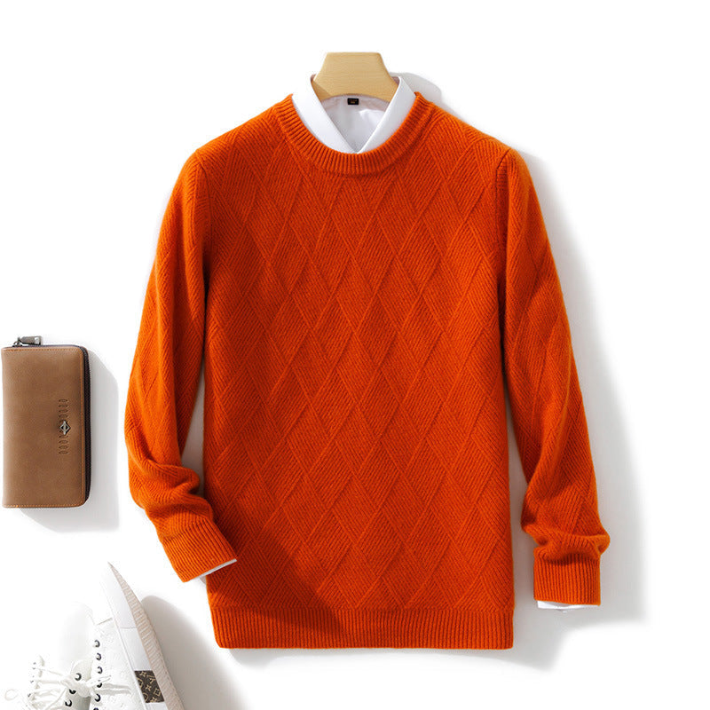 Pure Wool Sweater Men’s Loose Round Neck Sweater Casual Thickening Knitted Bottoming Shirt - Orange / S