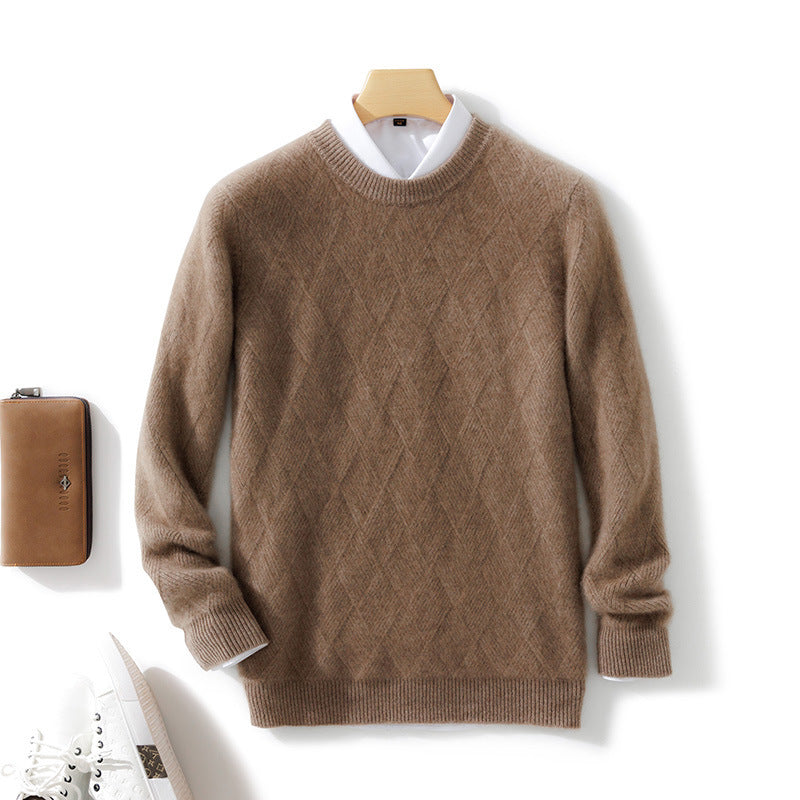 Pure Wool Sweater Men’s Loose Round Neck Sweater Casual Thickening Knitted Bottoming Shirt - Dark Camel / S