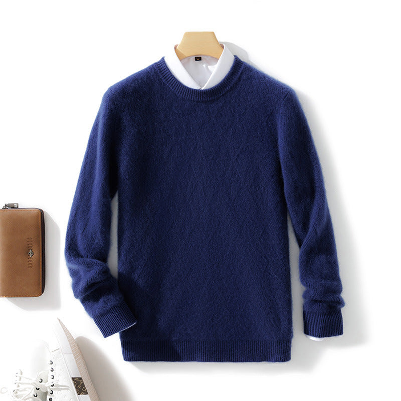 Pure Wool Sweater Men’s Loose Round Neck Sweater Casual Thickening Knitted Bottoming Shirt - Dark Blue / S