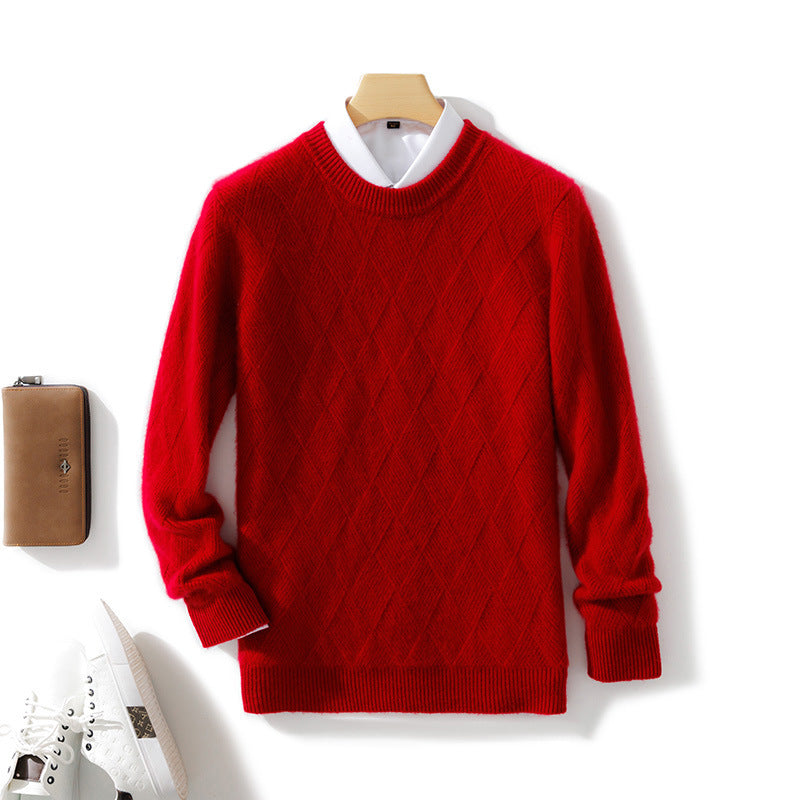 Pure Wool Sweater Men’s Loose Round Neck Sweater Casual Thickening Knitted Bottoming Shirt - Red / S