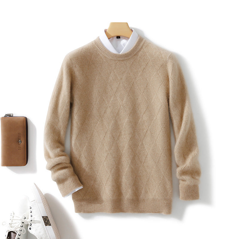 Pure Wool Sweater Men’s Loose Round Neck Sweater Casual Thickening Knitted Bottoming Shirt - Camel / S