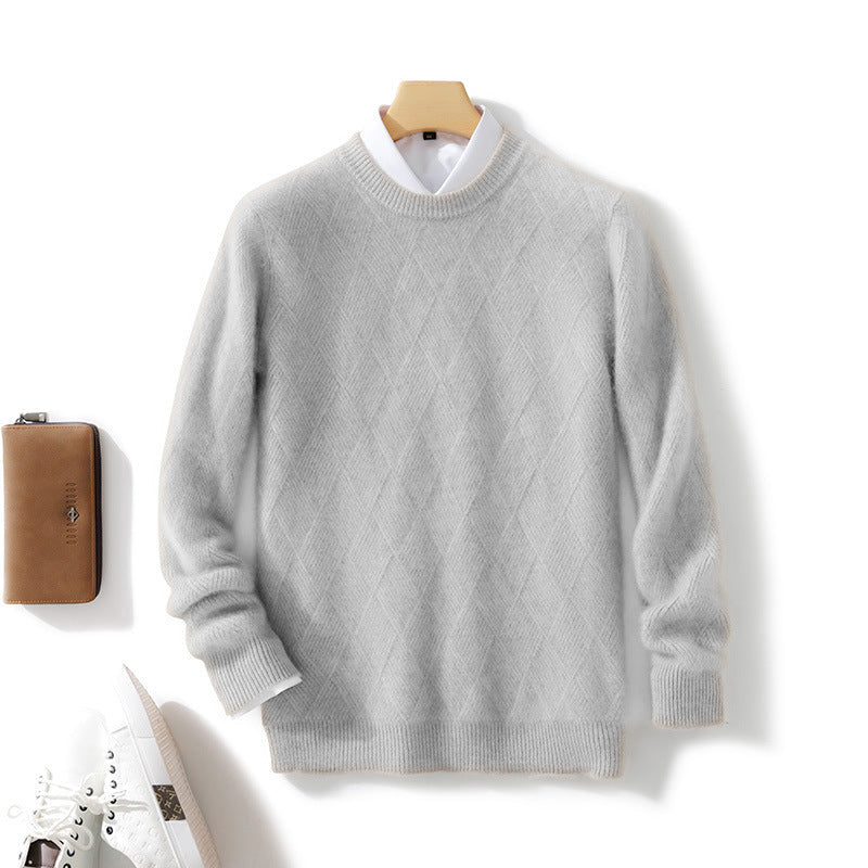 Pure Wool Sweater Men’s Loose Round Neck Sweater Casual Thickening Knitted Bottoming Shirt - Light Gray / S