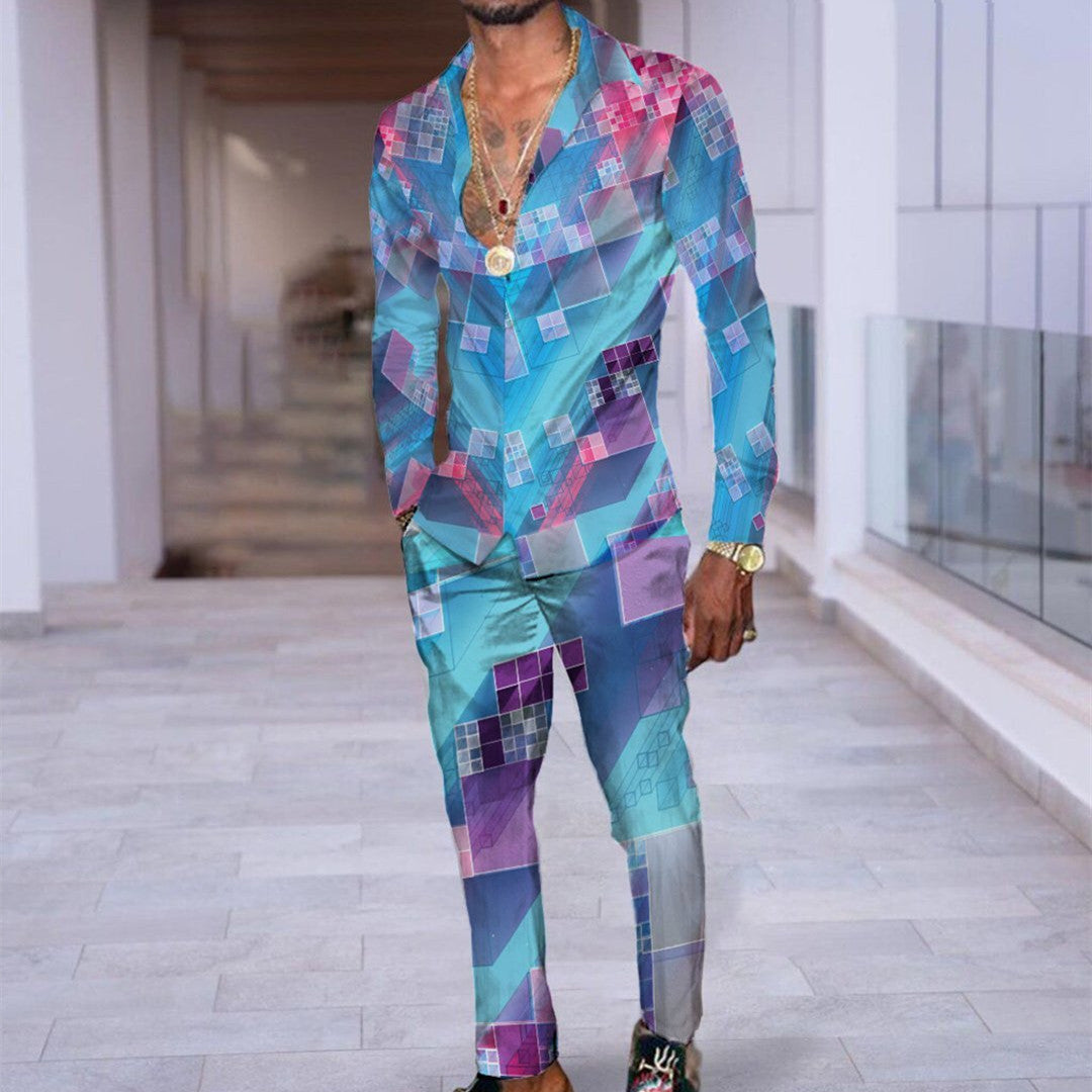 Hip Hop Hong Kong Style Fashion 3D Printing Casual Long Sleeve Shirt Suit